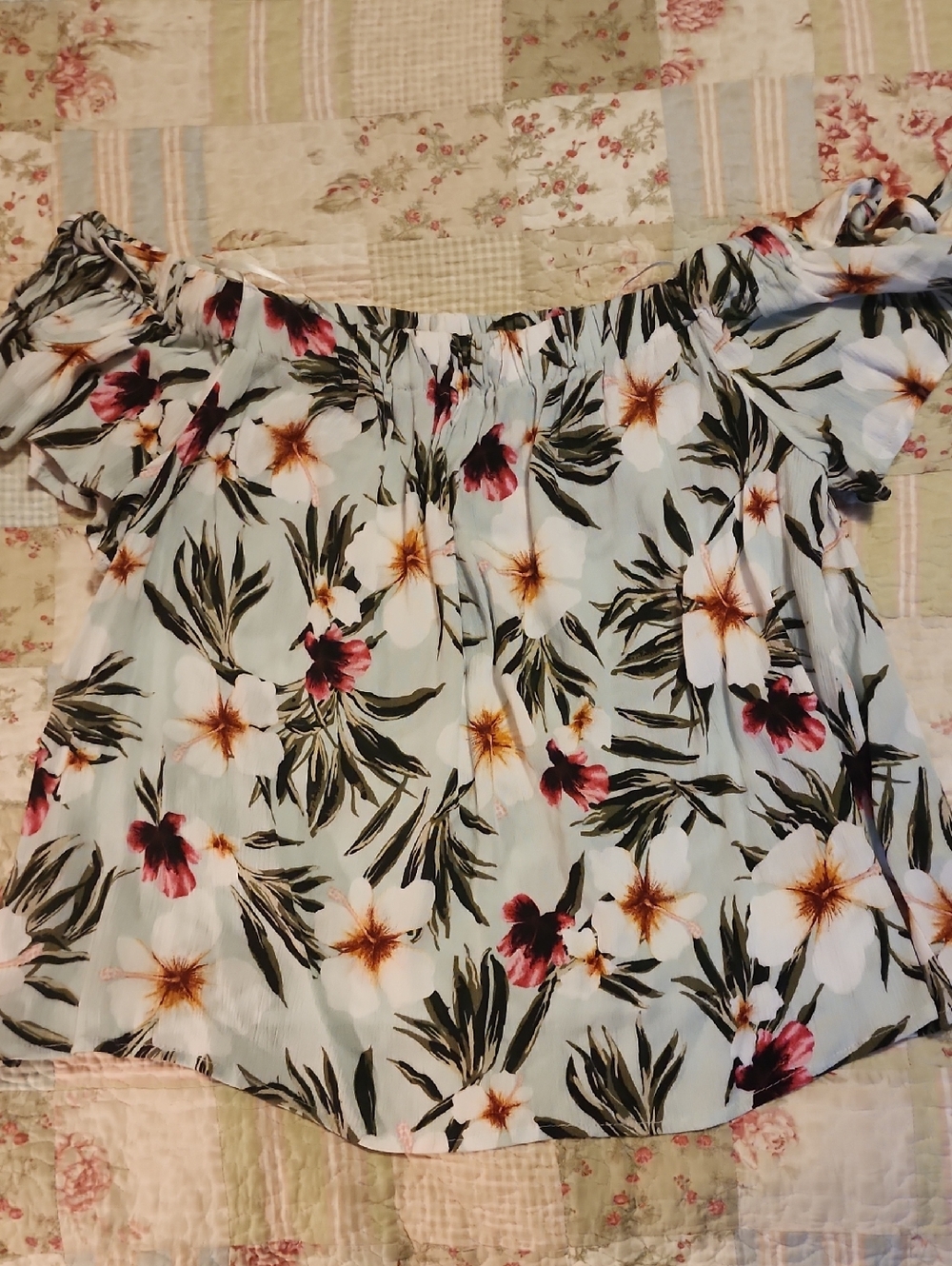 one clothing Light Blue Floral Off-Shoulder Blouse with Pink & White Blooms